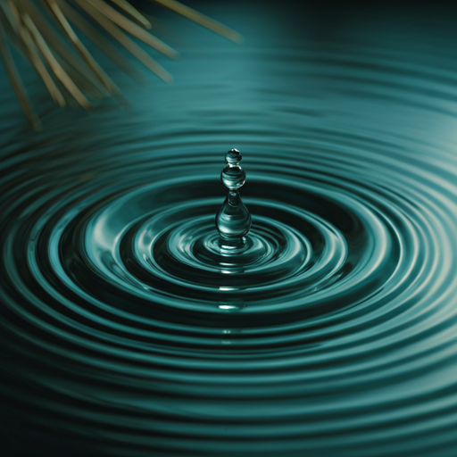 A single drop of essential oil rippling in a clear pool reflecting pine trees.